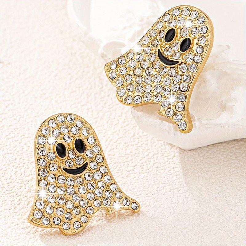2pcs Vintage-Inspired Cute Metal Ghost Earrings with Sparkling Rhinestones - Perfect for Halloween,Graduation,and Party Fun