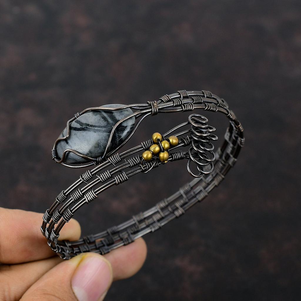 Picasso Jasper Gemstone Bangle Copper Wire Wrapped Bangle Adjustable Cuff Bracelet Handmade Bangle Copper Wire Wrap Jewelry Engagement Gift