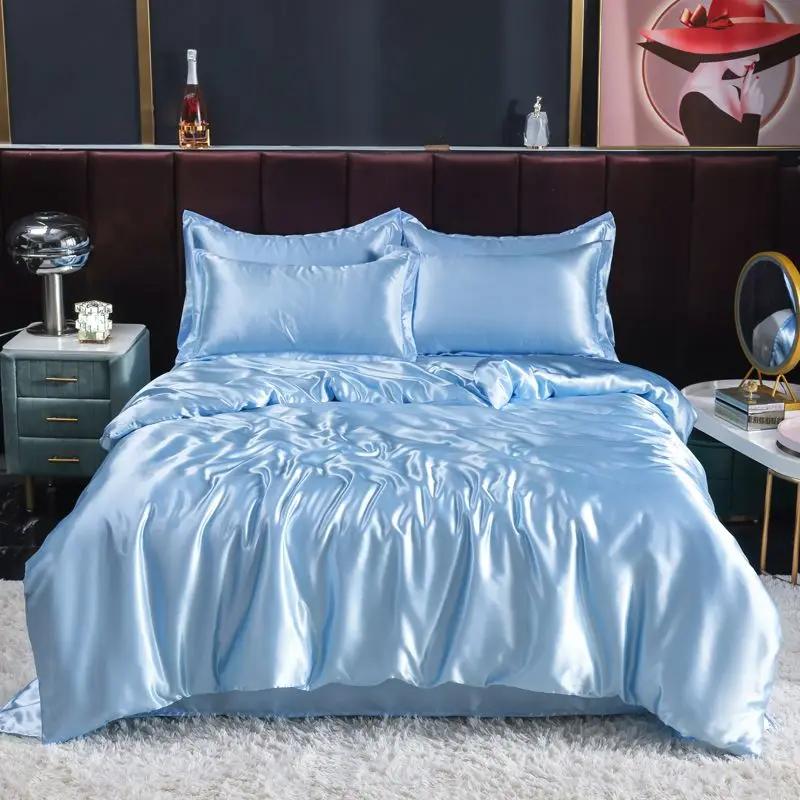 Nordic Satin Silk Bedding Set with Duvet Cover Bed Sheet Pillowcases Luxury Solid Single Double Couple Pillow Case Bedsheet