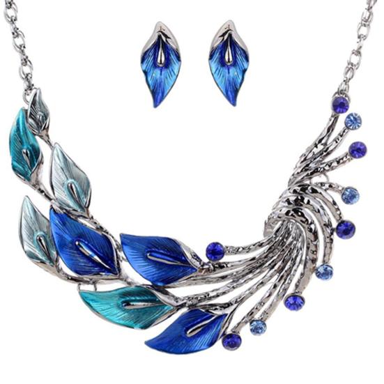 Retro Tibetan Leaf Peacock Crystal Rhinestone Drop Earrings Short Necklace Set