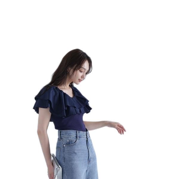 Natural Beauty Basic Ruffled Docking Knit Navy Women's Sweater,