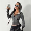 Damen Langarm Kapuzenpullover Reißverschluss Kragen Lässige Kurze Jacke Kapuzenpullover Mit Nieten Sweatshirt