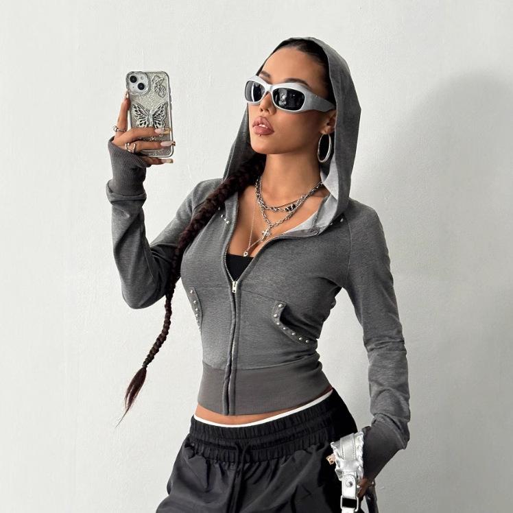Damen Langarm Kapuzenpullover Reißverschluss Kragen Lässige Kurze Jacke Kapuzenpullover Mit Nieten Sweatshirt