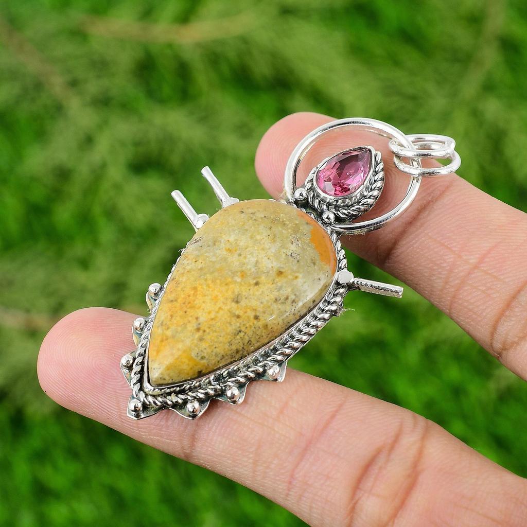 Natural Fossil Coral Gemstone Pendant Yellow 925 Sterling Silver Indian Jewelry