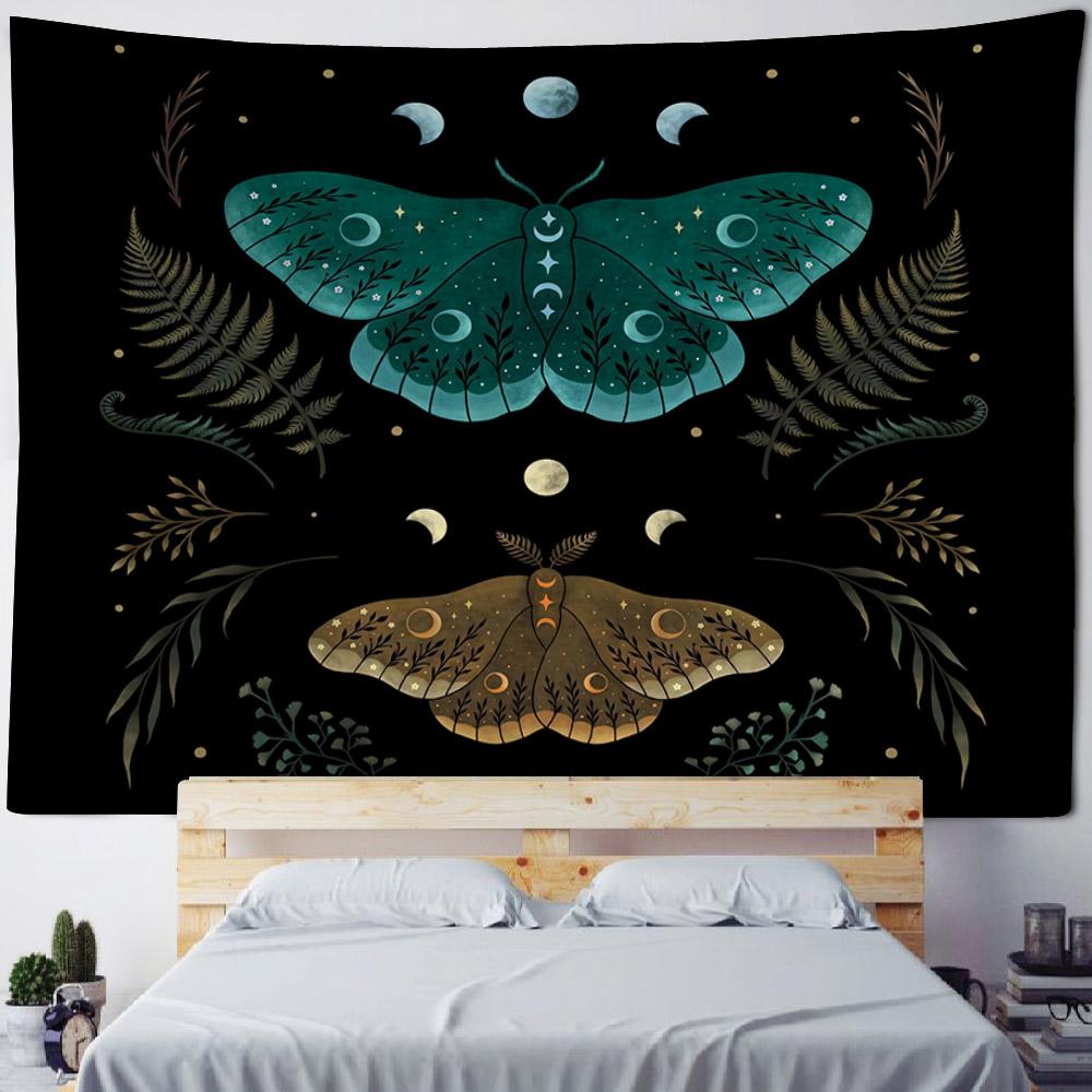 Butterfly Moon Phase Art Tapestry Bohemian Style Wall Hanging Cloth Plants Animals Home Dormitory Aesthetic Mural Decoration
