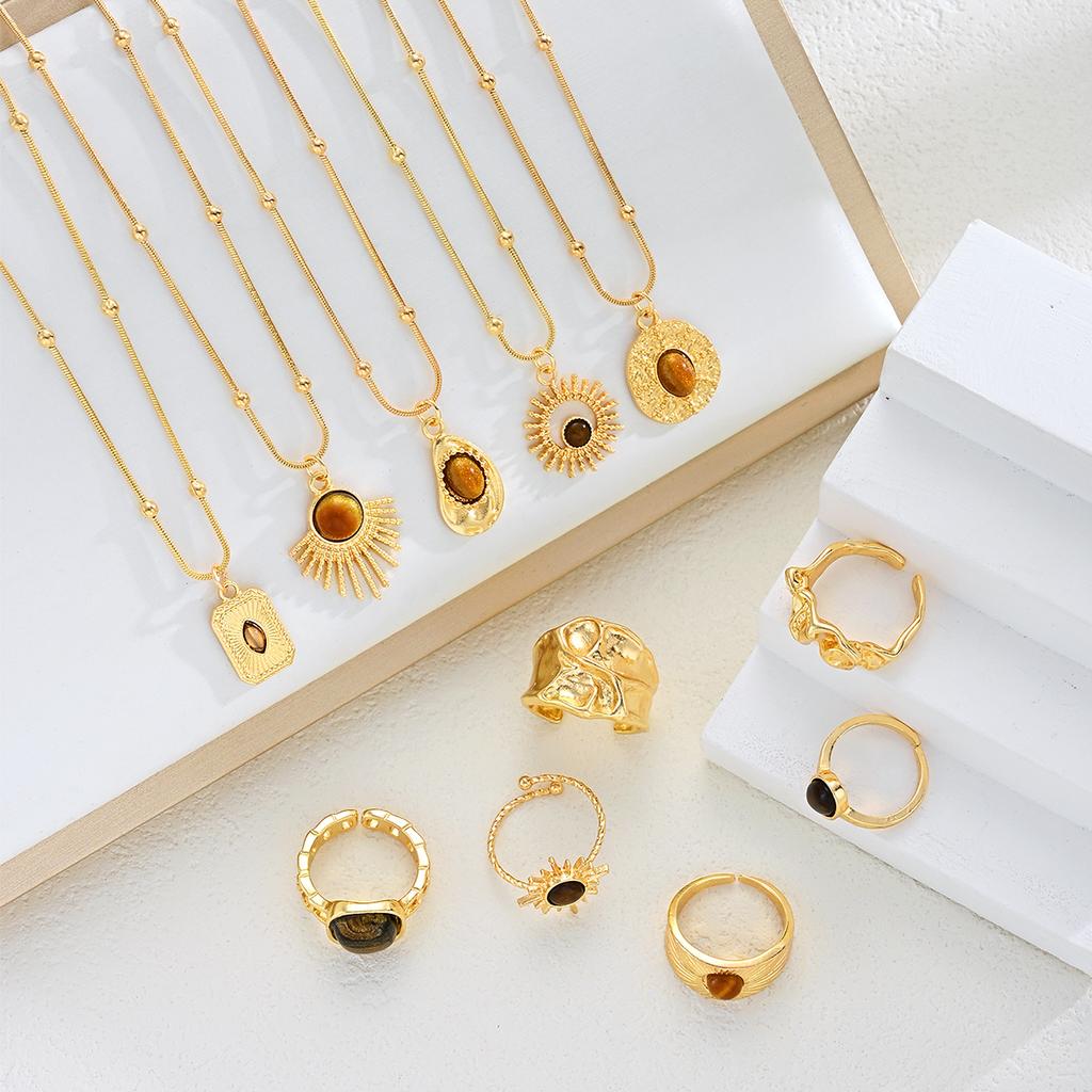 11 Pcs Vintage Brown Opal Jewelry Set for Women Maillard Gold Color Metal Geometric Pendant Necklaces and Rings Y2K Jewelry Gift