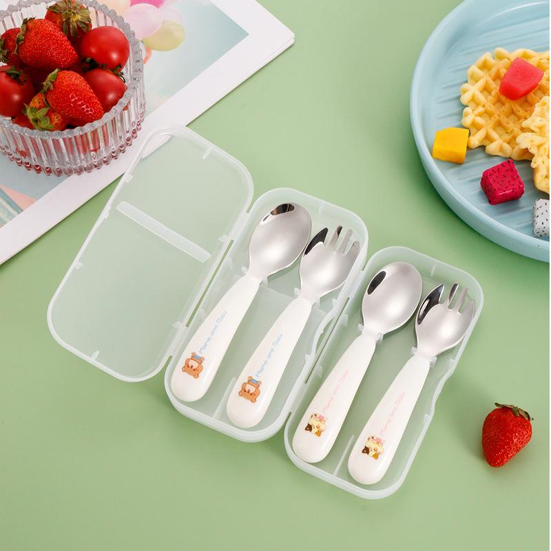 2pcs/Set Baby Gadget Tableware Children Utensil Stainles Steel Toddler Dinnerware Cutlery Cartoon Infant Food Feeding Spoon Fork