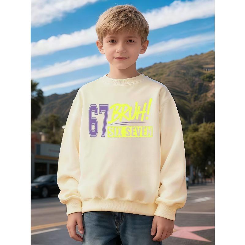Kids Unisex Crewneck Sweatshirt, Retro 67 BRUH SIX SEVEN Letter Print Long Sleeve Pullover, Boys Girls Casual Sweatshirt For Kids Over 4 Years Old