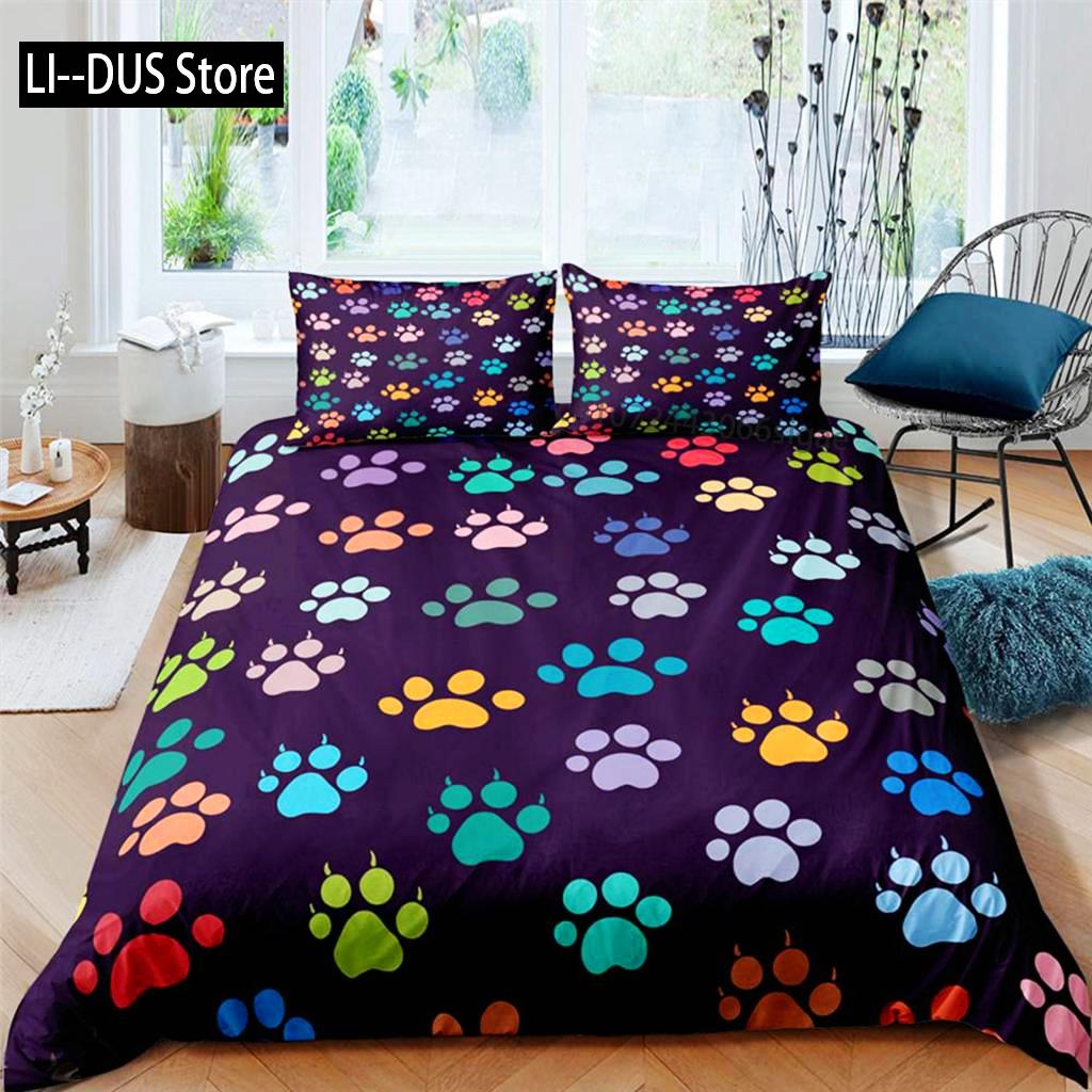 Footprint Duvet Cover Set Kids Watercolor Bedding Set Animal Footprints Colorful Puppy Paws Multicolor Graffiti Art Quilt Cover