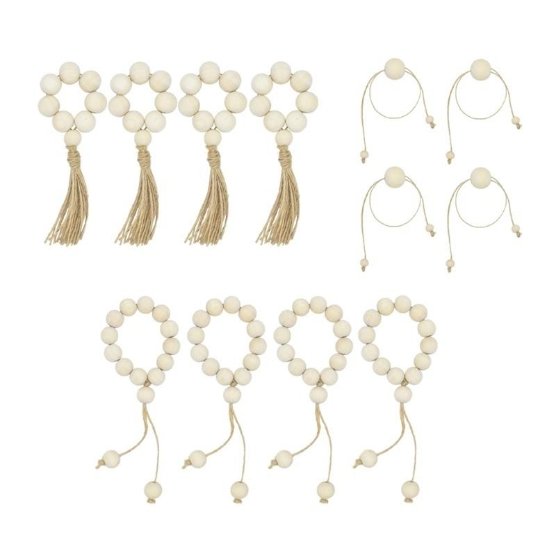 4Pcs Natural Wooden Bead Napkin Rings for Weddings Home Decor