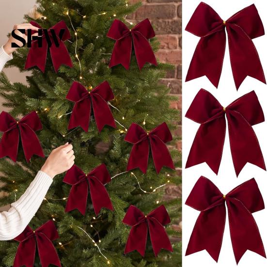 Retro Christmas Ornaments 2Pcs Tree Bow Decors, Velvet Fabric Holiday Wreath Hanging Ornament Decorations for Home, Festive Garland Wedding