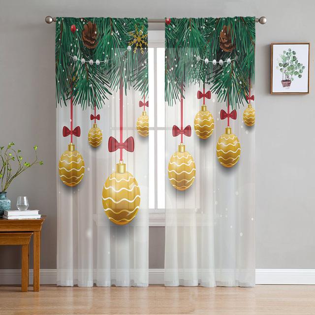 Weihnachtsbogen-Kugel-Weihnachtsbaum-Tüllvorhänge für die Wohnzimmerdekoration, moderne Chiffon-durchsichtige Voile-Weihnachtsvorhänge