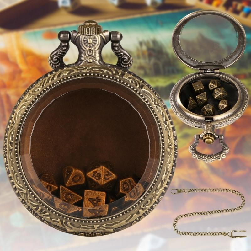 Unique Pocket Watch Case with 7pcs/set Metal Polyhedral Dices Pendant Delicate Pocket Watch for Gamers and Collectors