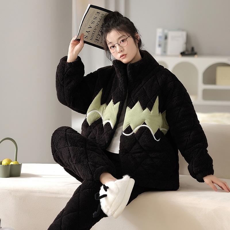 

Осень/зима коралловые бархатные пижамы для пар, утепленные тремя слоями хлопкового бархата с подкладкой, мужской комплект домашней одежды M зелёный