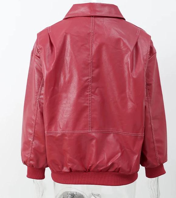 Retro Spliced Leather Zipper Jacket - Fall/Winter 2024, Long-Sleeve Lapel Coat