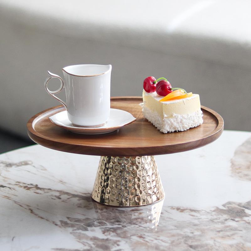 Light Luxury and High Feet Metal Hammer Base Fruit Bowl Ornaments Home Solid Wood Cake Dessert Display Tray Decorations Plate