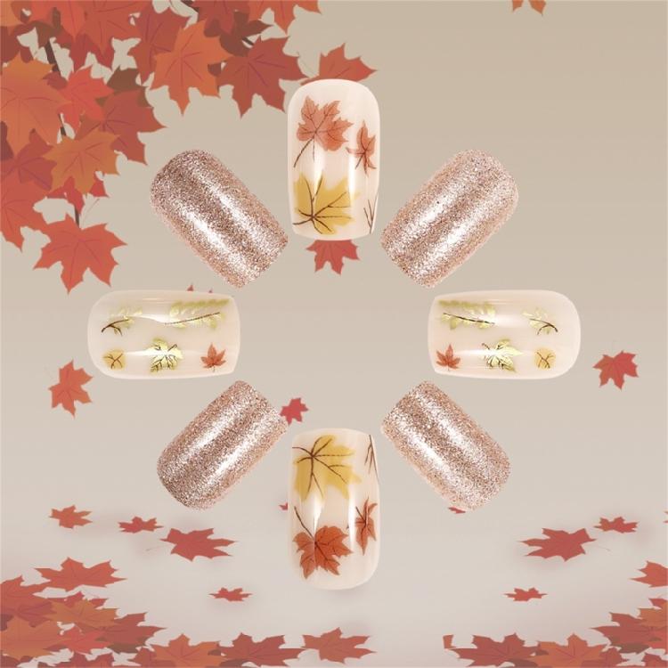 Thanksgiving Press on Nails Square Short Glossy Full Cover Acrylic Square False Nails with Maple Leaf Designs 24pcs