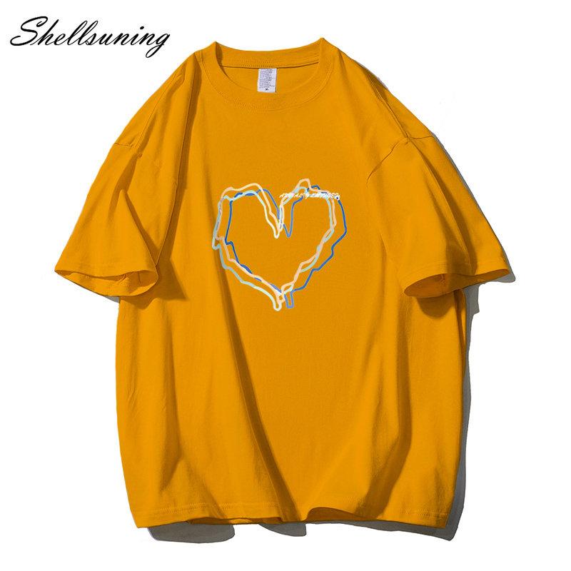 Shellsuning Loose O Neck Cotton Printed Shirts Women Summer Kawaii Heart Graphic Tees Female Casual Short Sleeve Base Black Tops