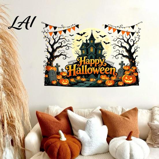 Withered Tree Wall Decorations Happy Halloween Stickers Moonlit Castle Pumpkin Clings Waterproof Decorative Glass Door Stickers Haunted House Decals