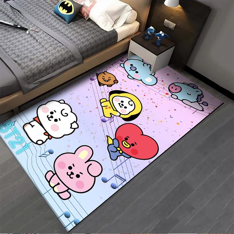 BT21 Cartoon Characters Carpet with Cute Animals On Colorful Design Suitable for Use As an Anti-slip for Living Room Bedroom Sofas
