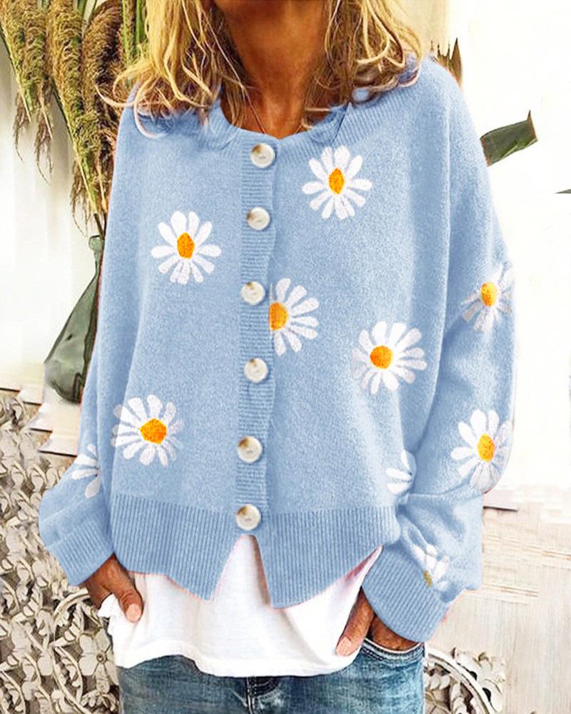 Women's Floral Print Long Sleeve V-Neck Sweaters Button Down Ribbed Cuffs Knitted Cropped Cardigan Loose Casual Tops