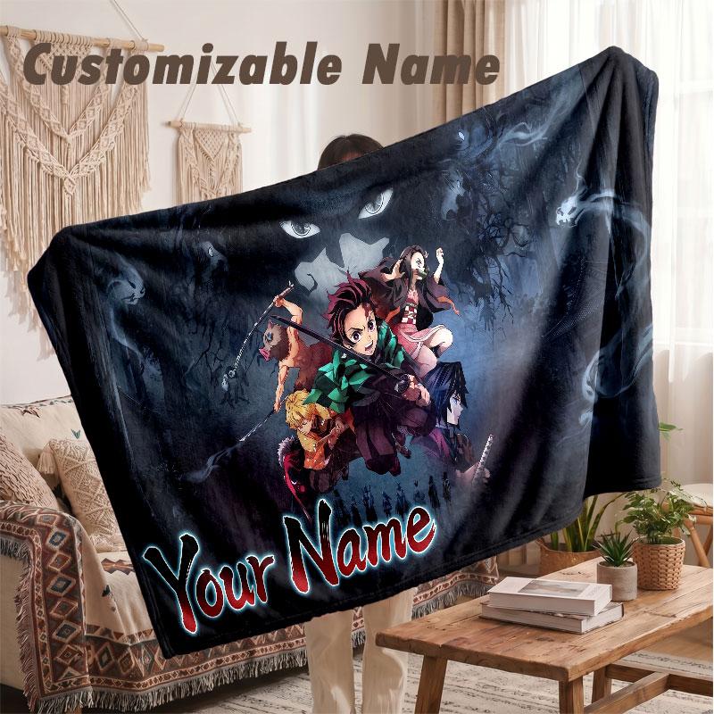 Custom Name Flannel Blanket,Demon Slayer Lightweight Warm Bed Blanket For Couch & Holiday Gift