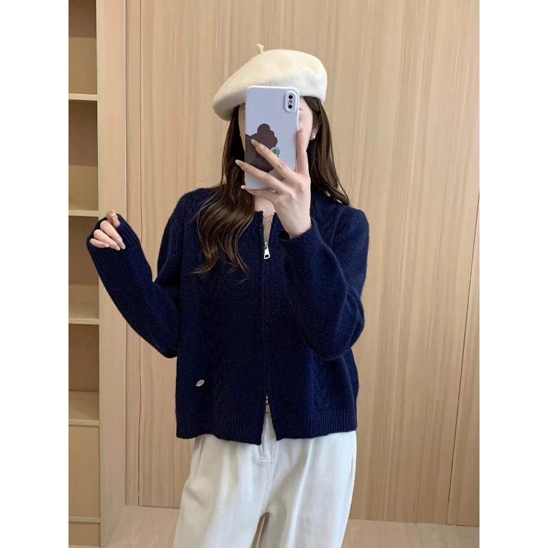 Simple style design double zipper twist sweater jacket women's autumn and winter new versatile thick knitted cardigan women