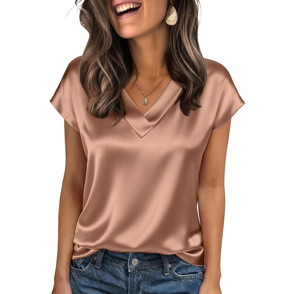 Summer, Satin Complexion, V-neck, Shirt Collar, Women's, Short Sleeved, Top, Women's Clothing