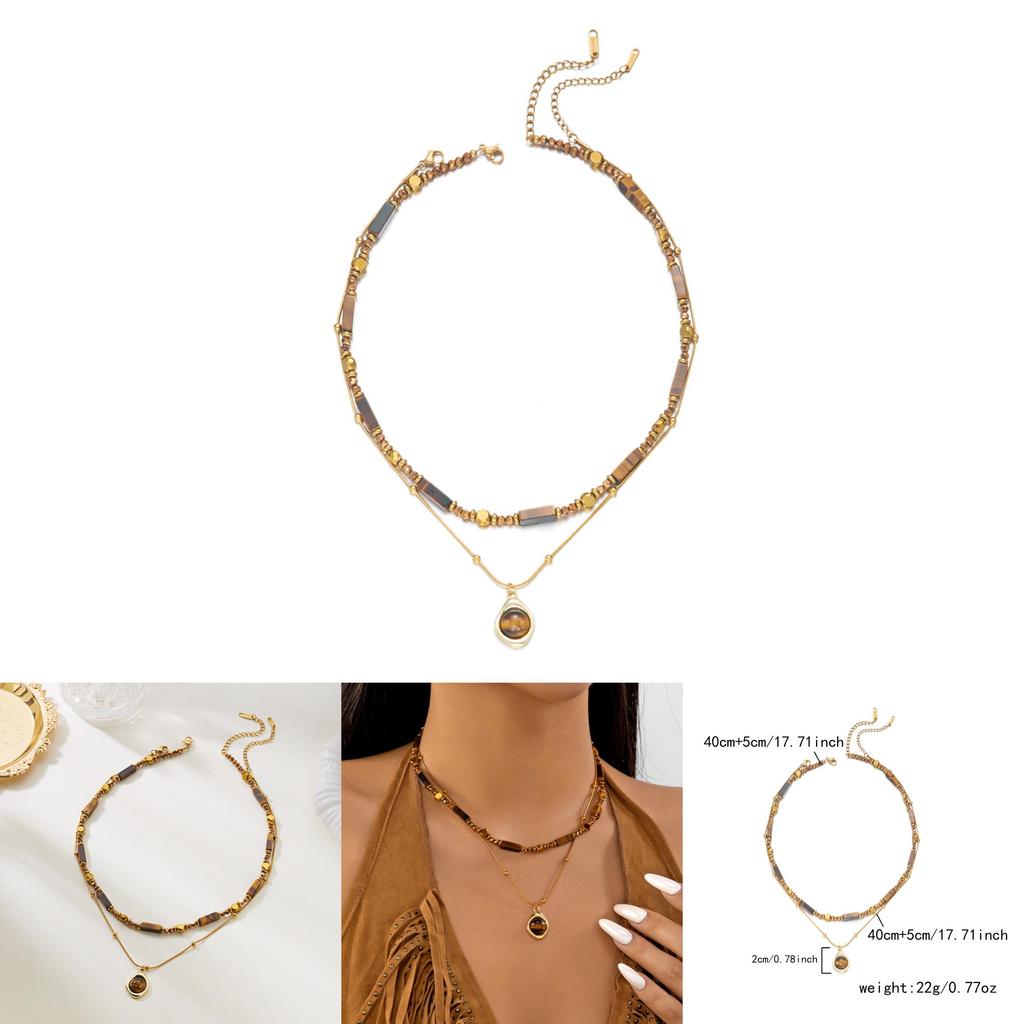 Tigerauge Perlenkette mit geometrischem Stahlanhänger für elegante Freizeitkleidung