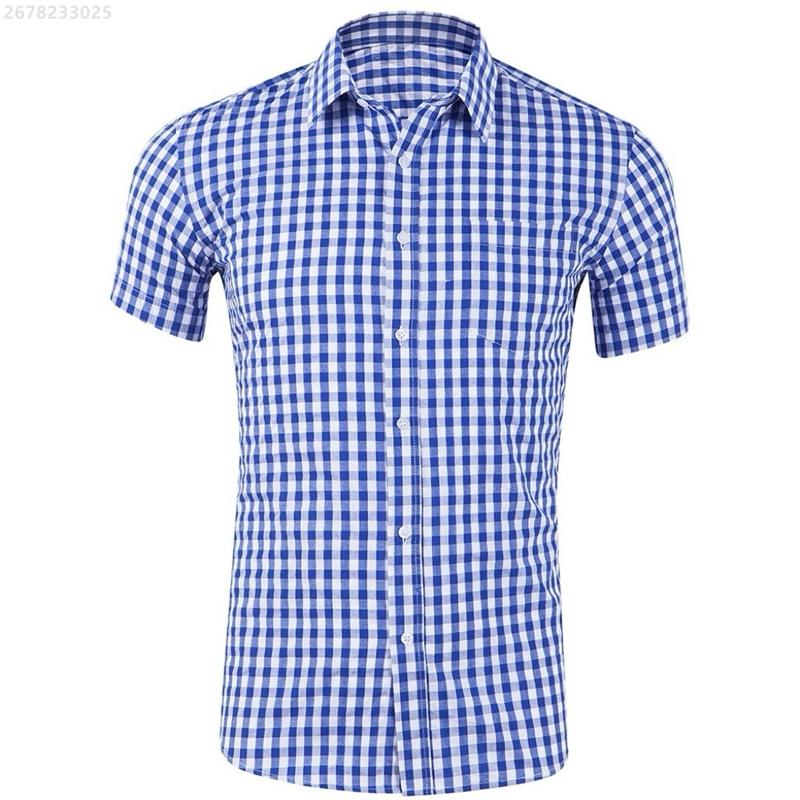 Men's shirt short-sleeved shirt Hawaiian style red and blue plaid lapel casual breathable non-iron vacation street wear XS-6XL