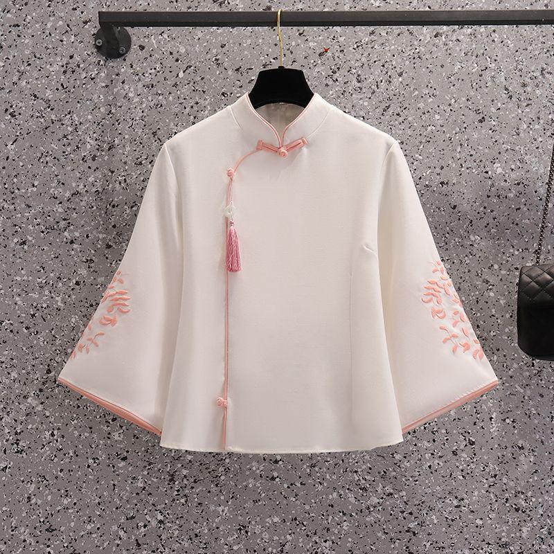 Modern Chinese Tang Suit Hanfu Tea Set: Seven-Sleeve Embroidered Skirt Outfit for Summer