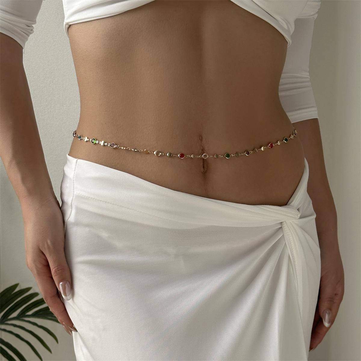 Statement Multicolor CZ Sequin Faux Pearl Waist Chain for Women Gold Tone Adjustable Layered Body Chain Bohemian Beach Jewelry