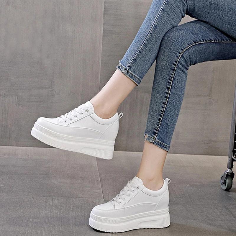 Frühling Herbst Echtes Leder Schuhe Damen Ballerinas Elegant Plateau Damen Höhenerhöhende Schuhe 8cm Schwarz Weiß YX48350