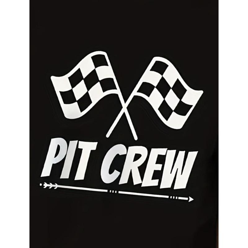Boys Crew Neck Short Sleeve T-Shirt with Checkered Flag & PIT CREW Letter Print