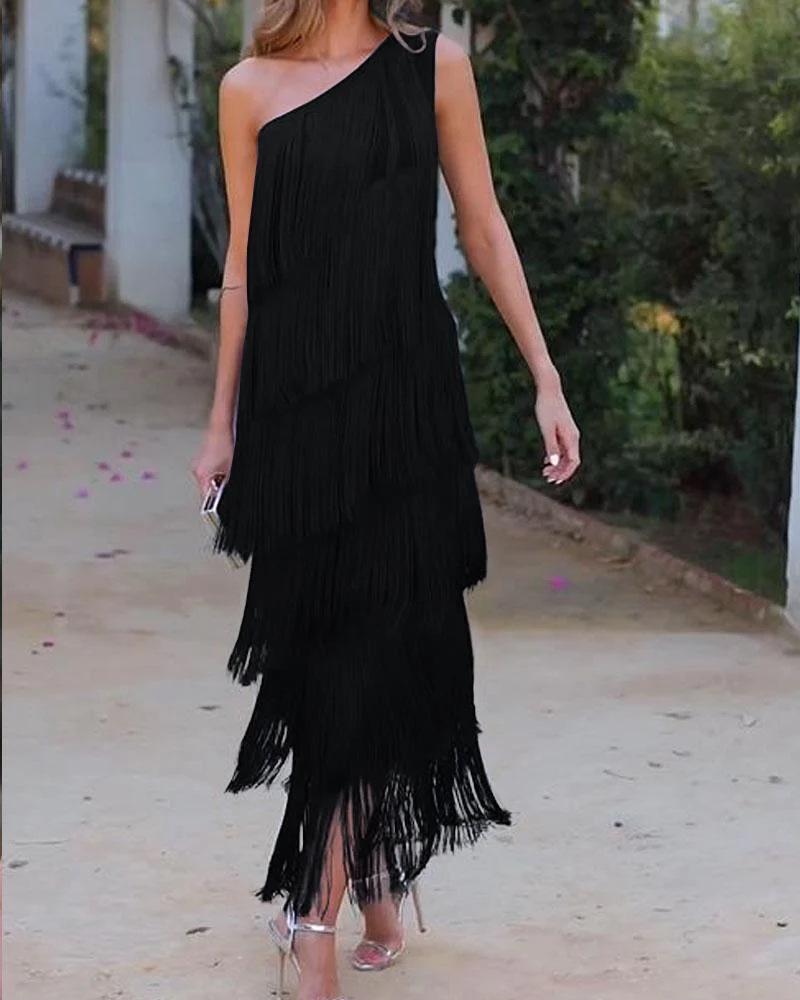 

2026 Spring/Summer Asymmetric Tassel Evening Dress - European & American Fashion XXL чорний
