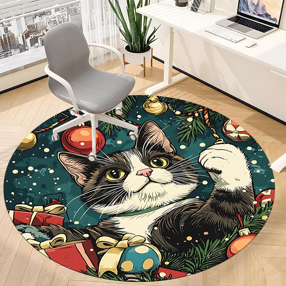 1pc Christmas Cat Decorations Carpet for Office Non Slip, Round Carpet, Soft & Comfortable, Carpet for Office, Lightweight Round Floor Mat