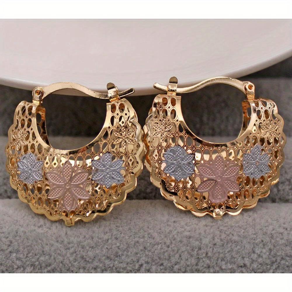 Trendy Gold Plated Print Copper Hollow Round Heart Hoop Earrings for Women  Jewelry Accessories Wedding Party Gift