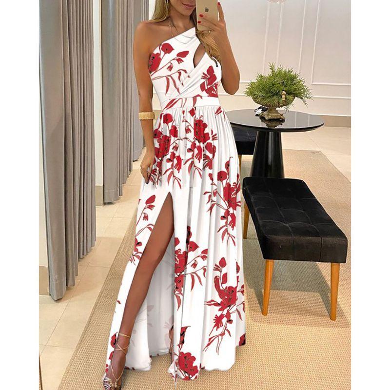 High Waist Split Dress Women's New Slant Shoulder Elegance Sleeveless Sexy High Waist Slit Dress