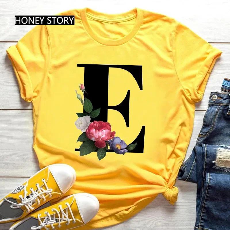 Women's Summer Short Sleeve T-Shirts Fashionable Casual Round Neck 26 English Letters Flower & Name Letter Printed Cotton T-shirts