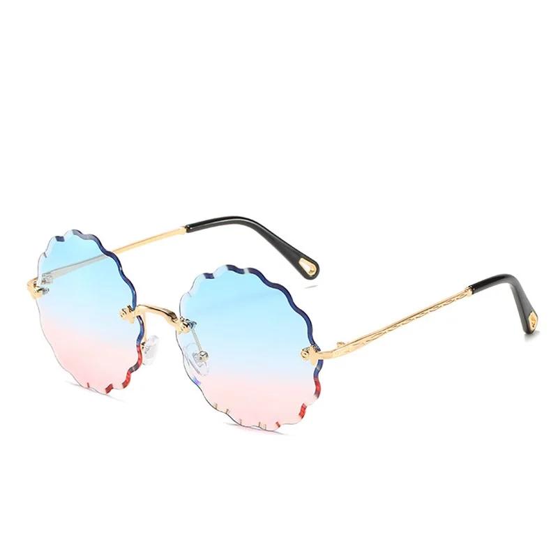 Luxury Brand Designer Lady Round Rimless Sunglasses Women Diamond Cutting Lens Vintage Flower Shape Sun Glasses For Female