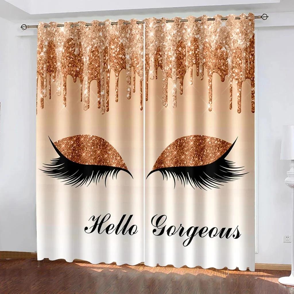 3D Pink Blue Yellow Eyelash Eyes Thin Shading Curtain for Living Room 2Pieces Kids Bedroom Children WindowsBathroom Decor Hooks for daily use