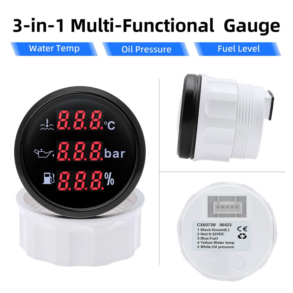 52mm Digital 3 in 1 Waterproof Car Boat Gauge For 12V24v Water Temperature Oil Pressure Voltmeter Fuel Level With Alarm Signal