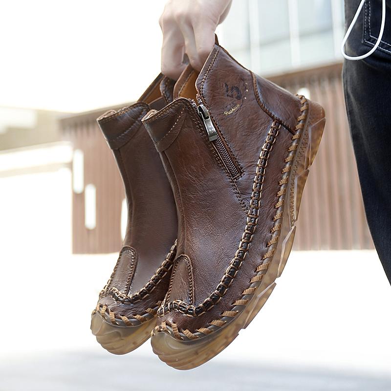 

TUINANLE Hand-stitching Leather Men Boots Casual Leather Shoes Men Ankle Boots Zipper Shoes 38 темно-коричневого