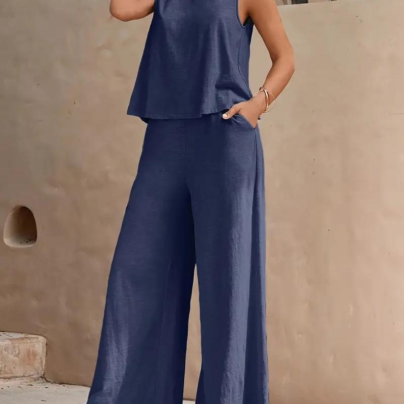 New Women's Sleeveless Vest And Trousers Two Piece Set Fashion Solid Color Two Piece Round Neck Top Pants Suit Casual Set