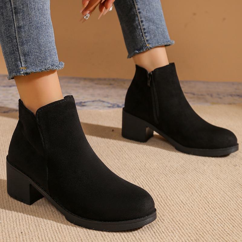 Women's Chunky Heel Round Toe Suede Autumn/Winter New Fashion Mid Heel Side Zip Booties