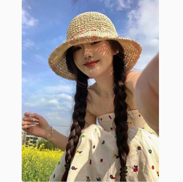 Daisy Raffia Woven Empty Top Hat Children Summer Outdoor Seaside Vacation Sunshade Sun Protection Straw Hat