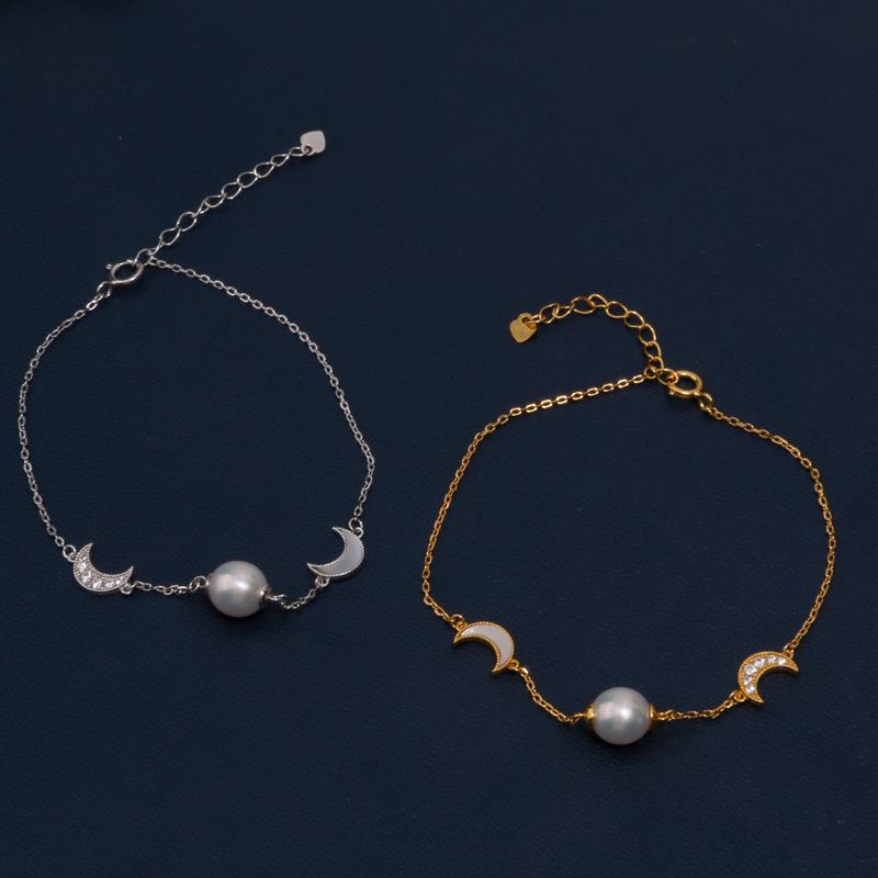 925 Sterling Silver Crescent Moon & Freshwater Pearl Bracelet - Women's New Spring Fashion Arrival
