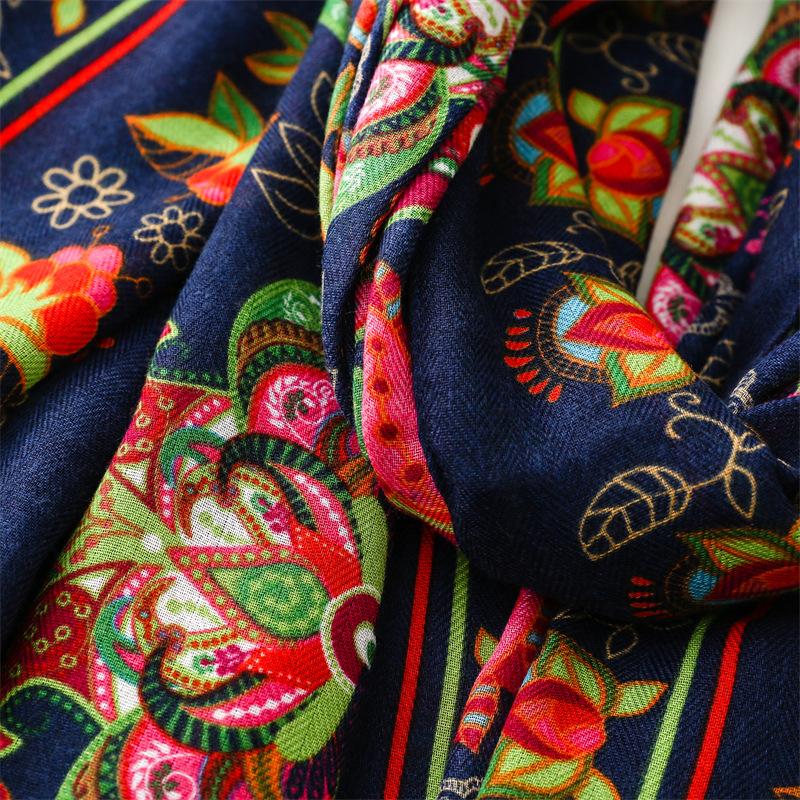 Schal Retro Ethno Stil Schal Fischgrätmuster Marineblau Blume Seidenschal Dickes Tuch Damen