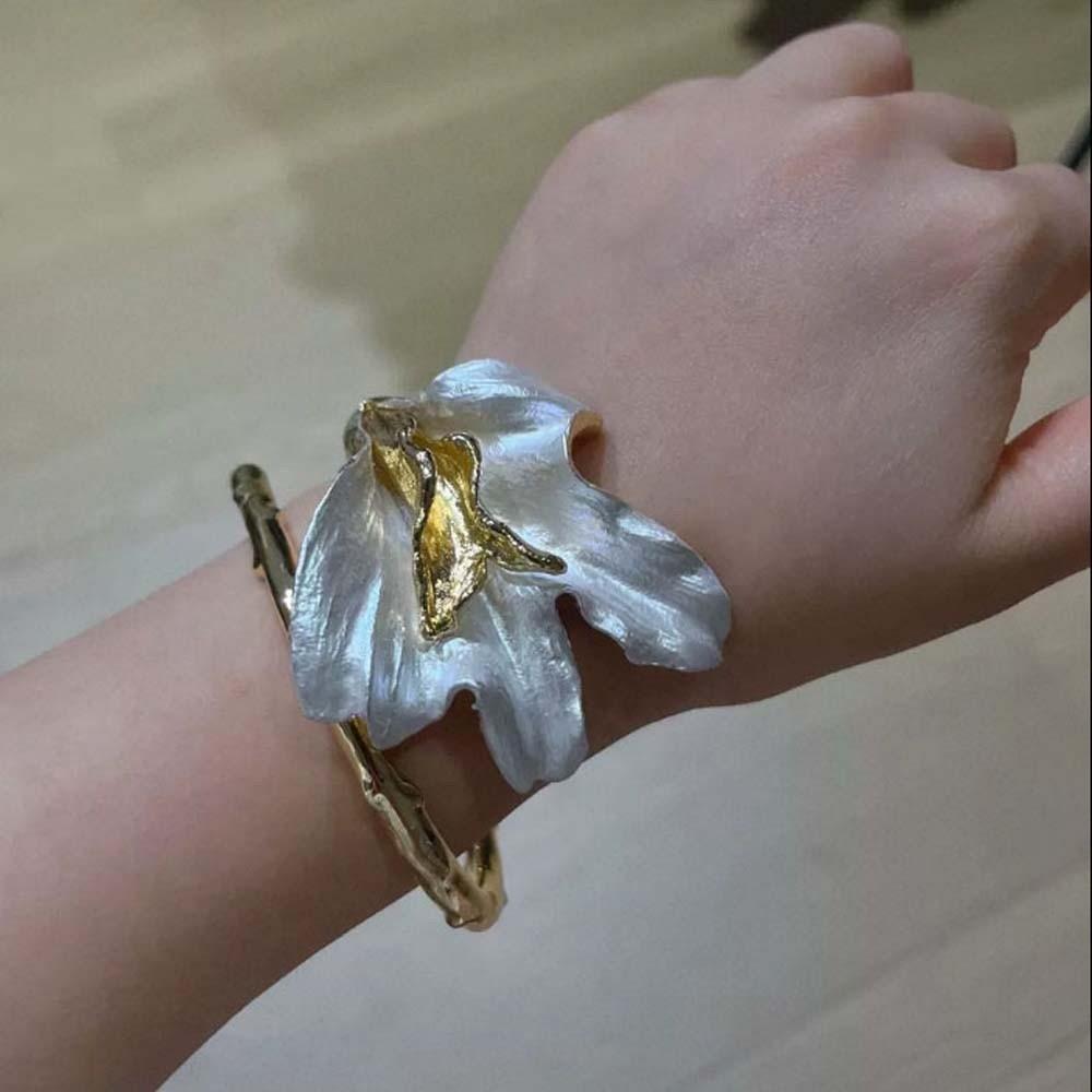 Armlet Tulip Bangle Exaggerated Metal Flower Bracelet Golden and White Bangle Mother's Day Gift