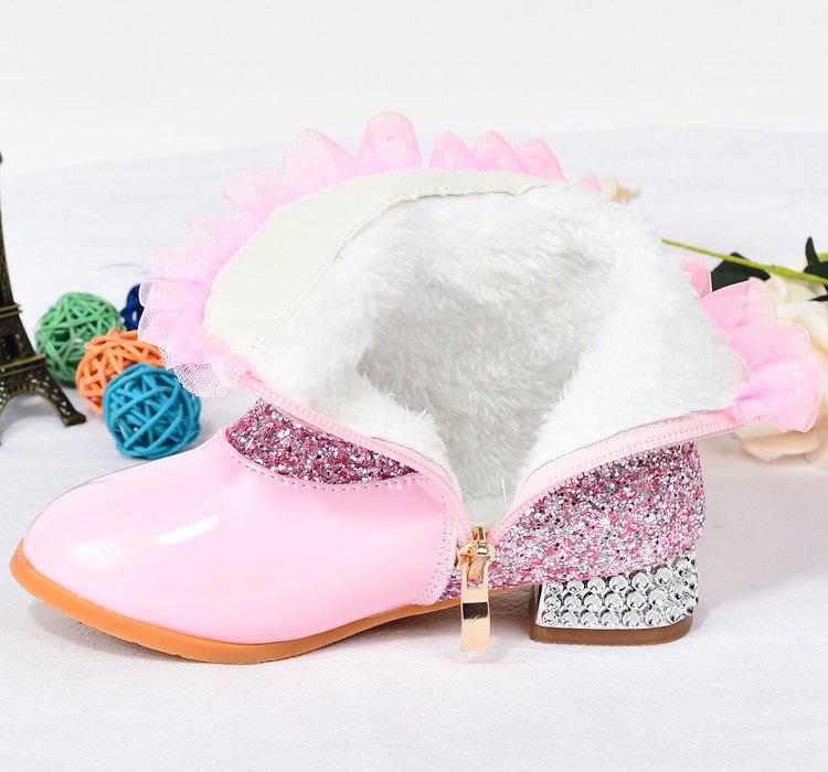 Girls' Plus Velvet Rhinestone Butterfly Boots - Warm Autumn/Winter High-Heeled Short Boots for Kids.